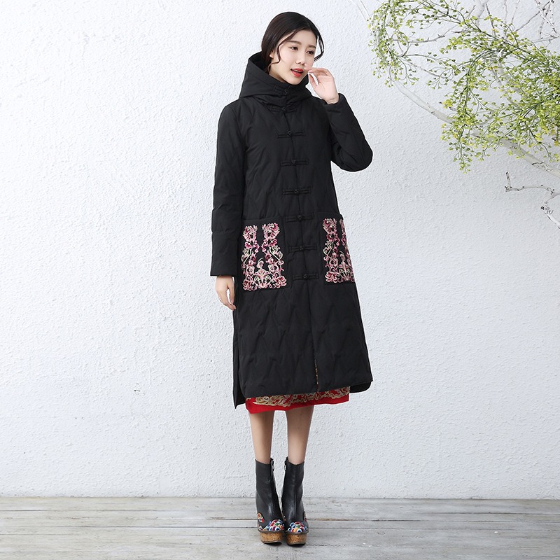 Hooded large yard embroidered long thermal down coat