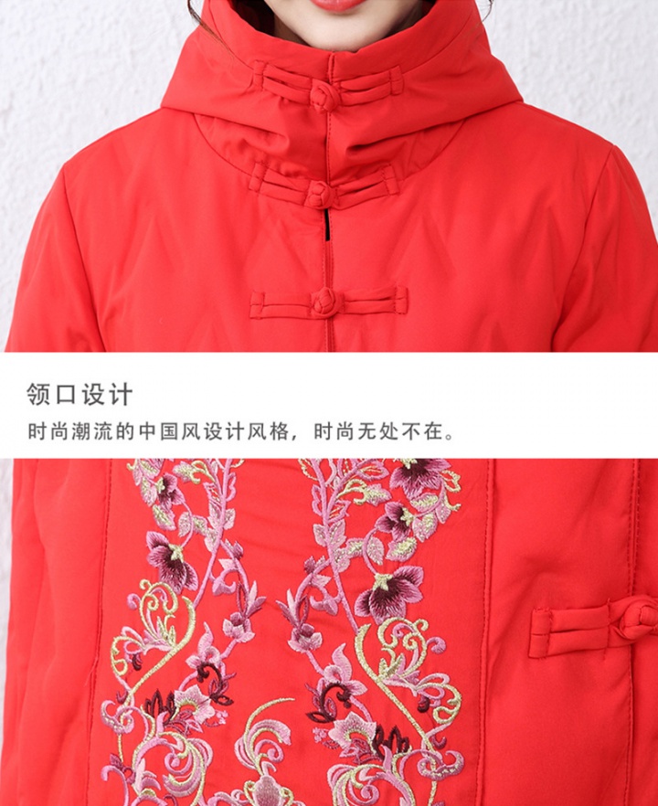 Hooded large yard embroidered long thermal down coat