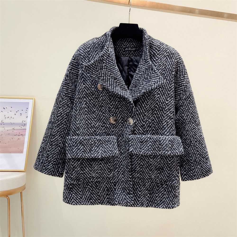 Plaid fat sister woolen all-match long woolen coat