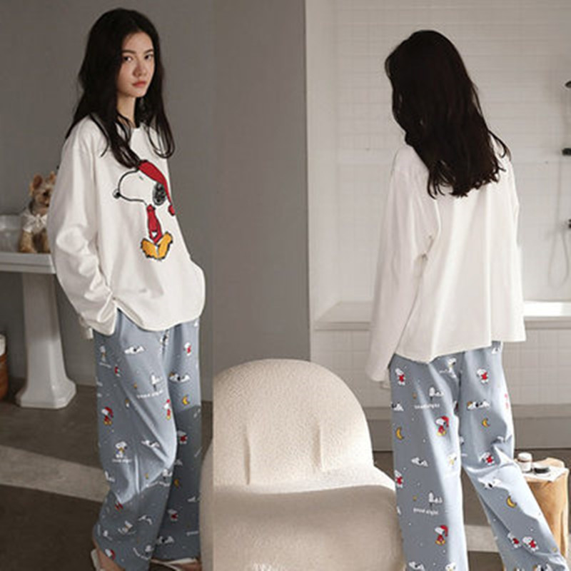 Pullover pajamas long sleeve long pants 2pcs set for women