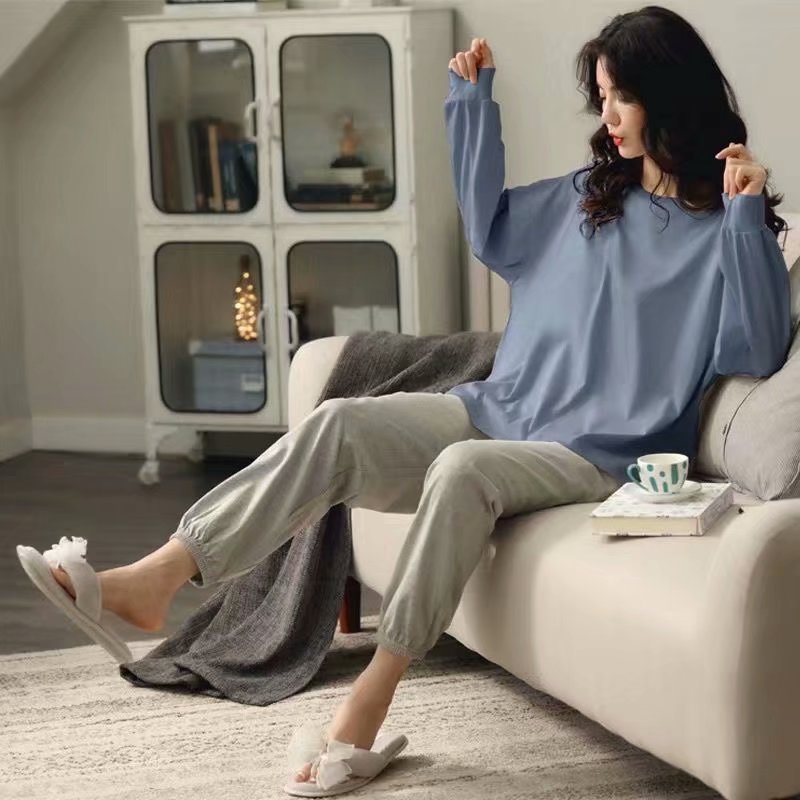 Pullover pajamas long sleeve long pants 2pcs set for women