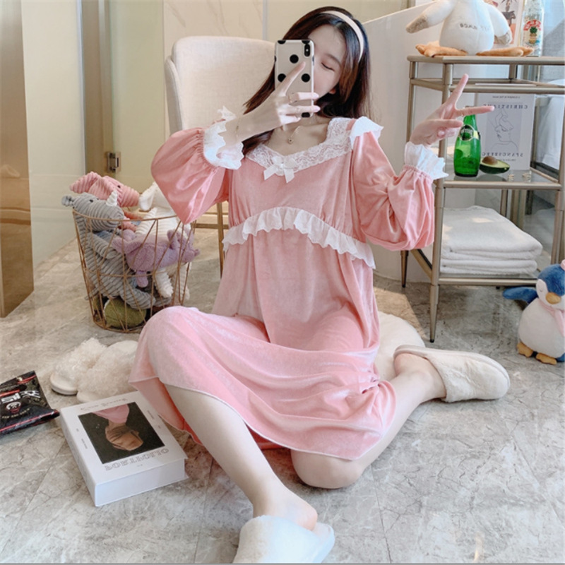 Pure autumn and winter pink small bow pajamas for women