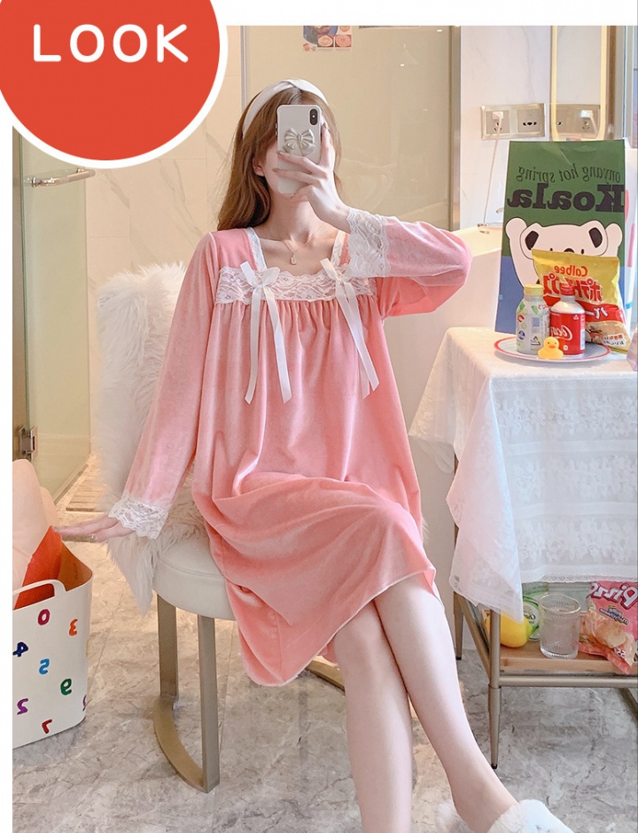 Pure autumn and winter pink small bow pajamas for women