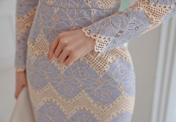 Slim lace double color V-neck long temperament winter dress