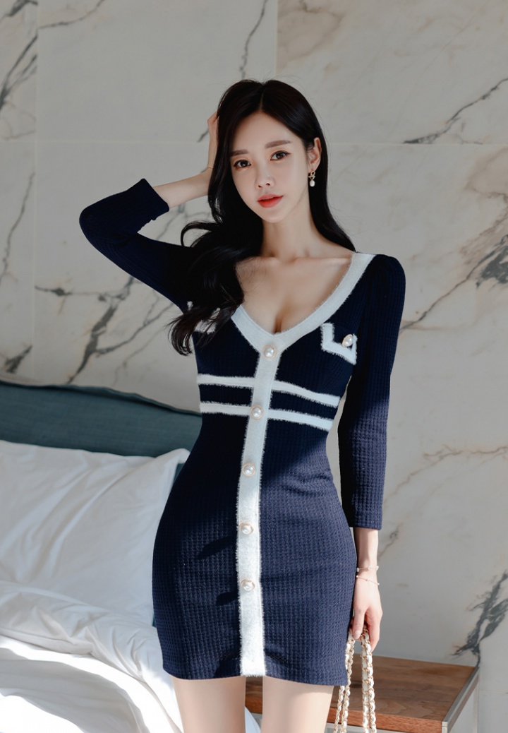 Package hip breasted long sleeve V-neck mixed colors dress