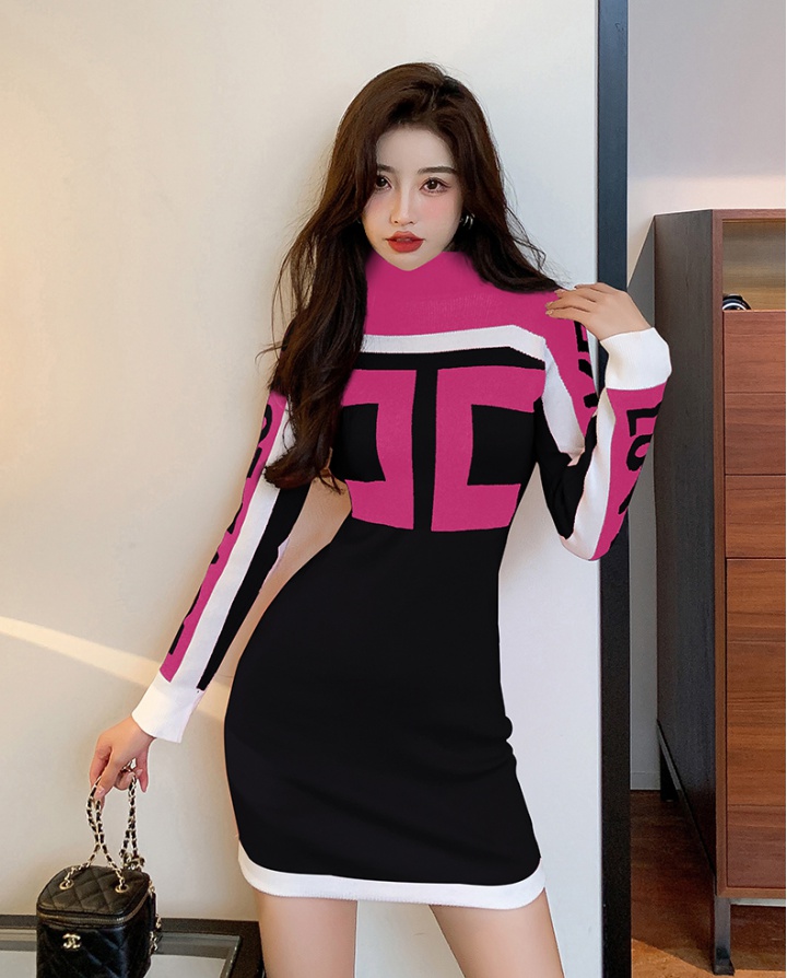 High collar long sleeve bottoming letters dress