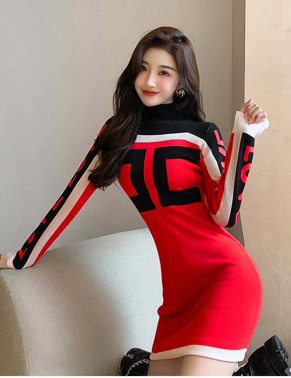 High collar long sleeve bottoming letters dress