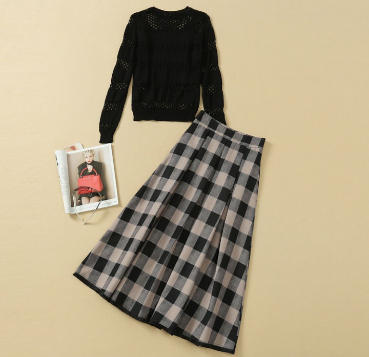 Hollow plaid tops autumn and winter retro skirt 2pcs set