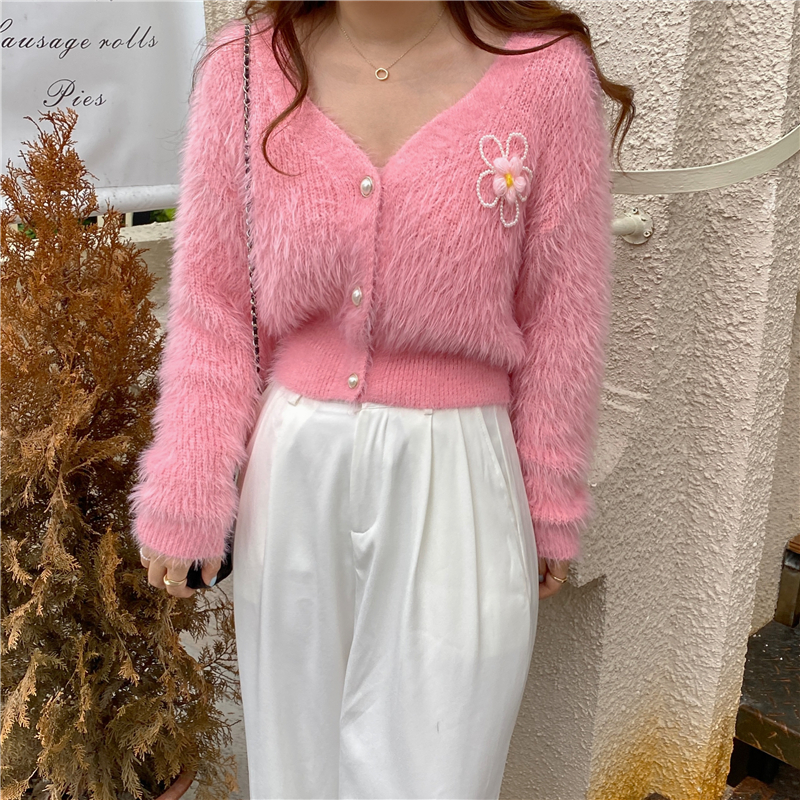 Knitted flowers coat imitation of mink velvet tops