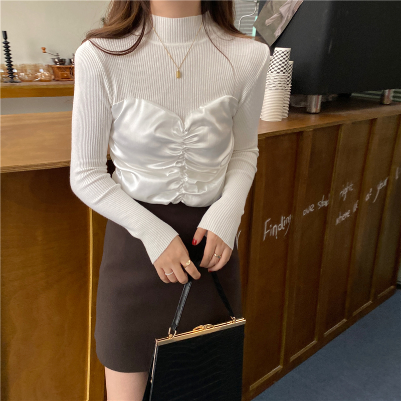 Round neck Korean style tops splice knitted bottoming shirt