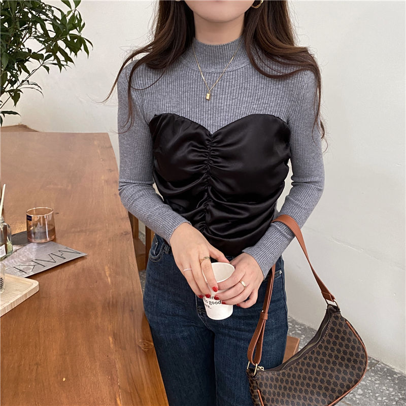 Round neck Korean style tops splice knitted bottoming shirt