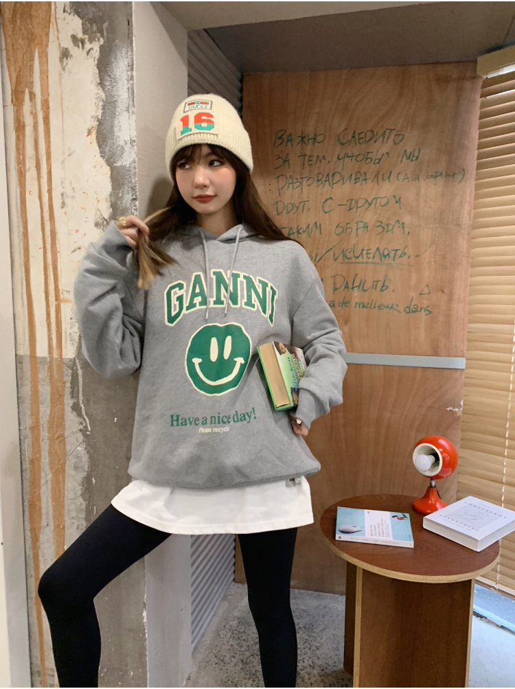 Gray smiley tops spring printing hoodie for women