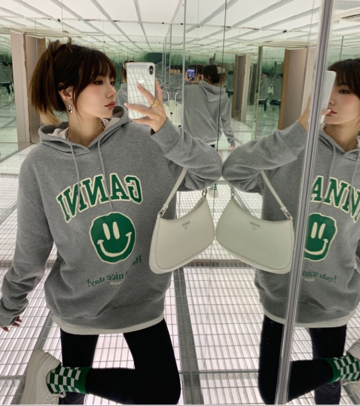 Gray smiley tops spring printing hoodie for women