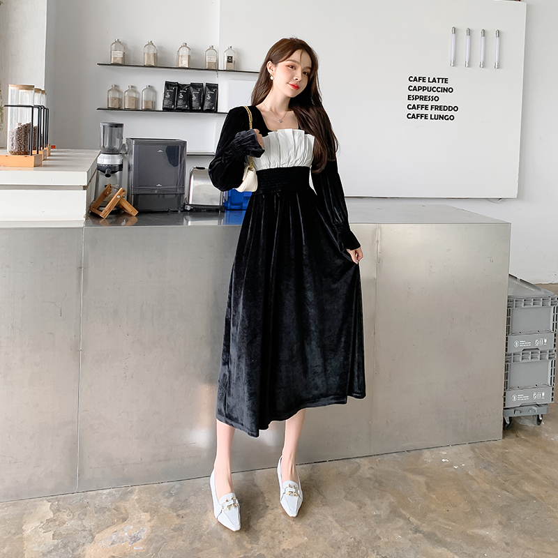 Korean style square collar puff sleeve slim dress for women