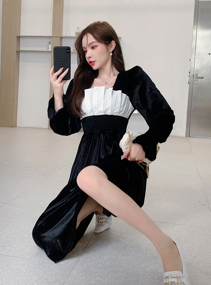 Korean style square collar puff sleeve slim dress for women