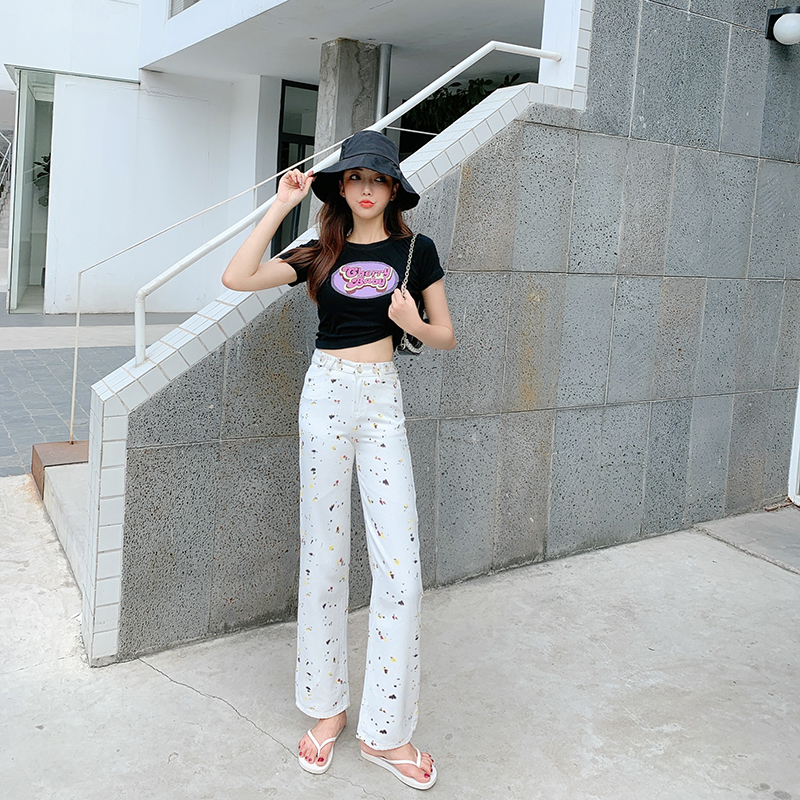 White large yard Casual jeans high waist printing long pants