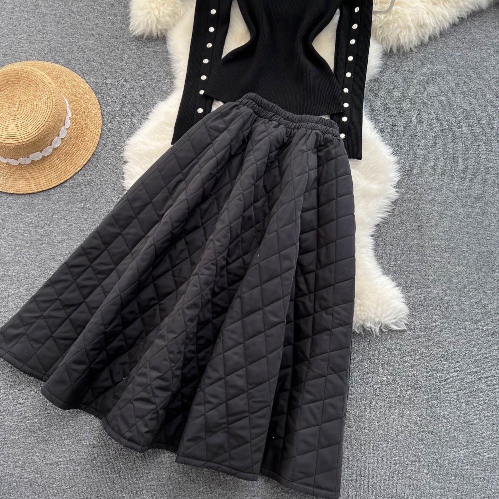 Beading slim skirt cstand collar tops 2pcs set for women