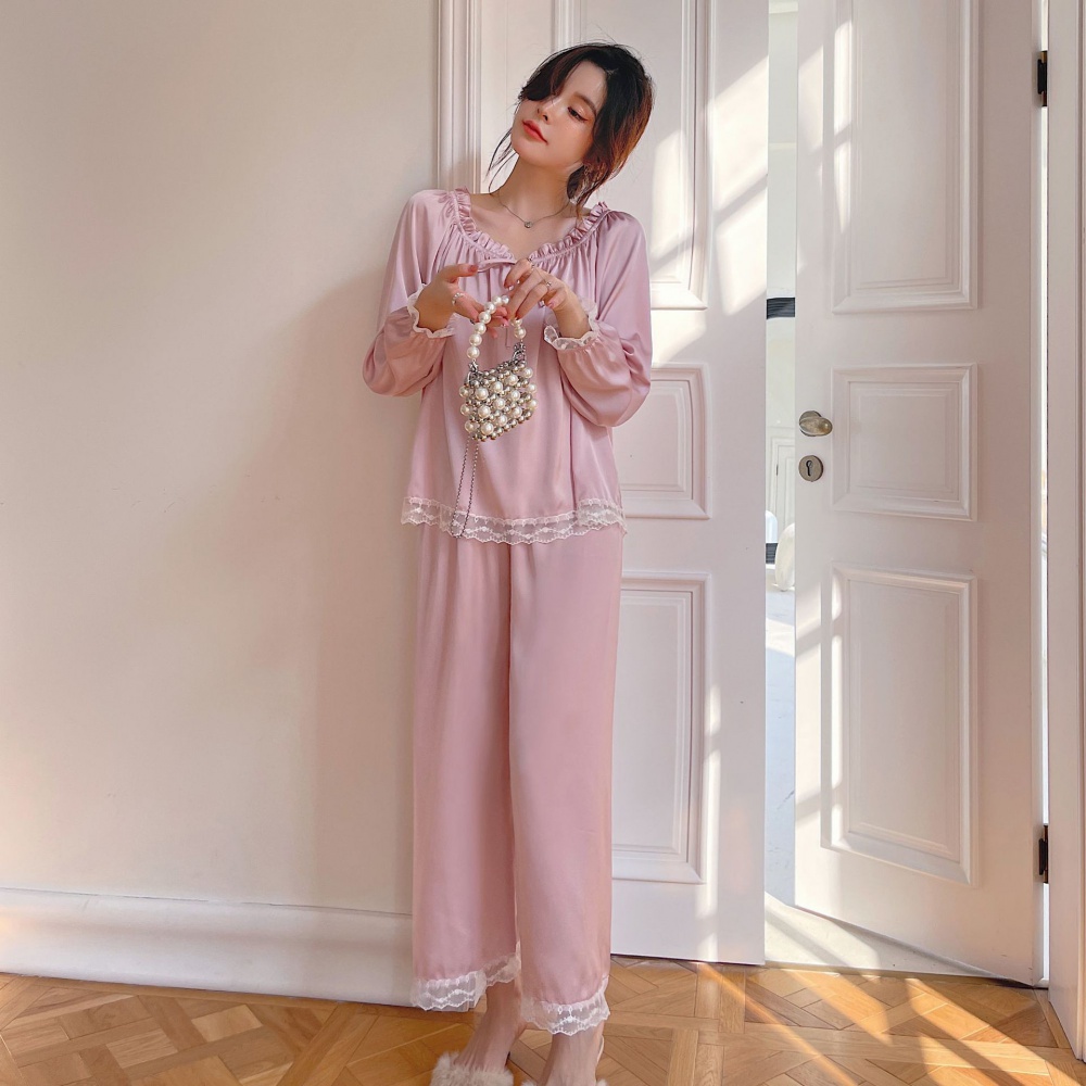 Ice silk long pants homewear pajamas a set for women
