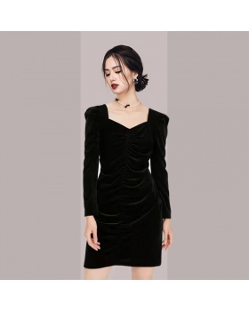 Velvet temperament square collar slim dress for women