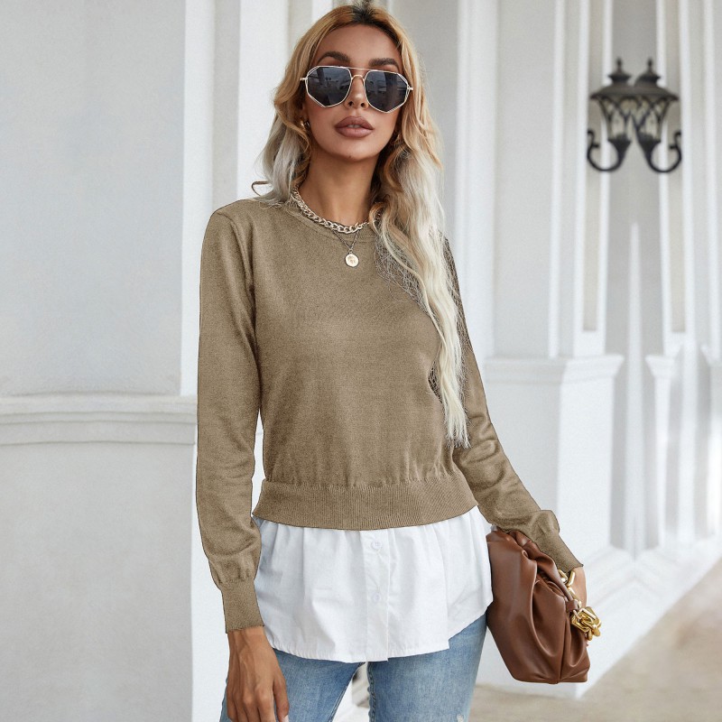 Slim autumn shirt splice knitted sweater for women