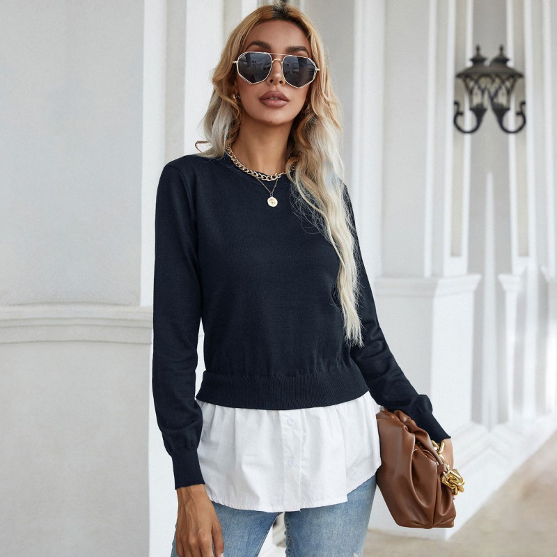 Slim autumn shirt splice knitted sweater for women