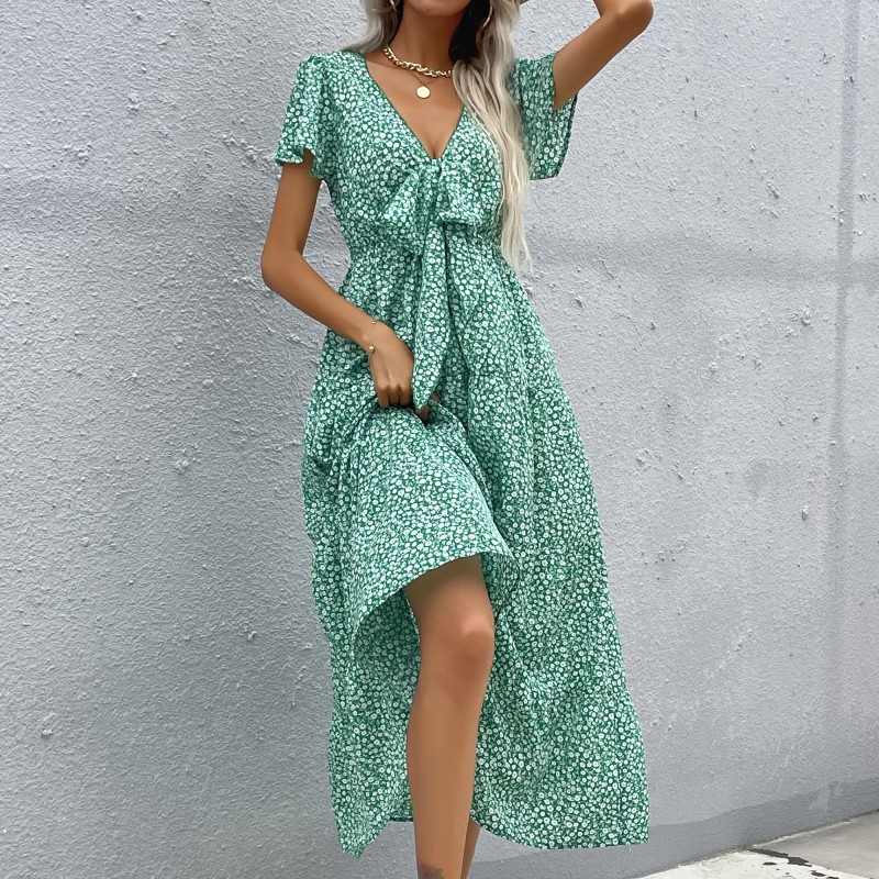 V-neck green short sleeve dress for women
