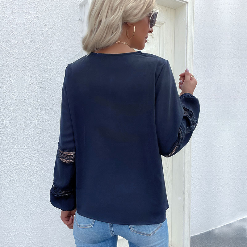 Pullover splice pure long sleeve blue shirt for women