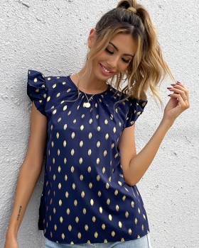 Round neck summer short sleeve blue polka dot shirt for women