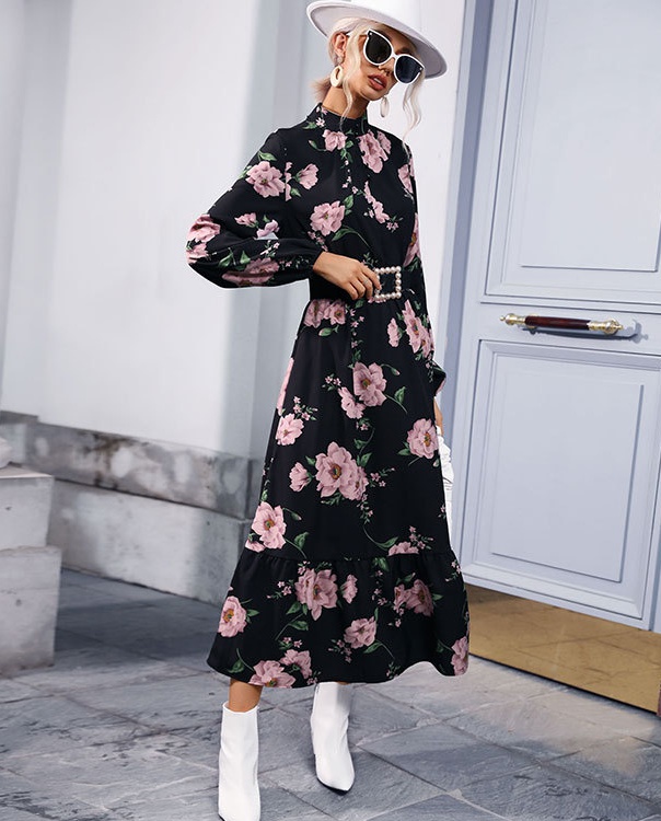 Autumn printing half high collar dress for women