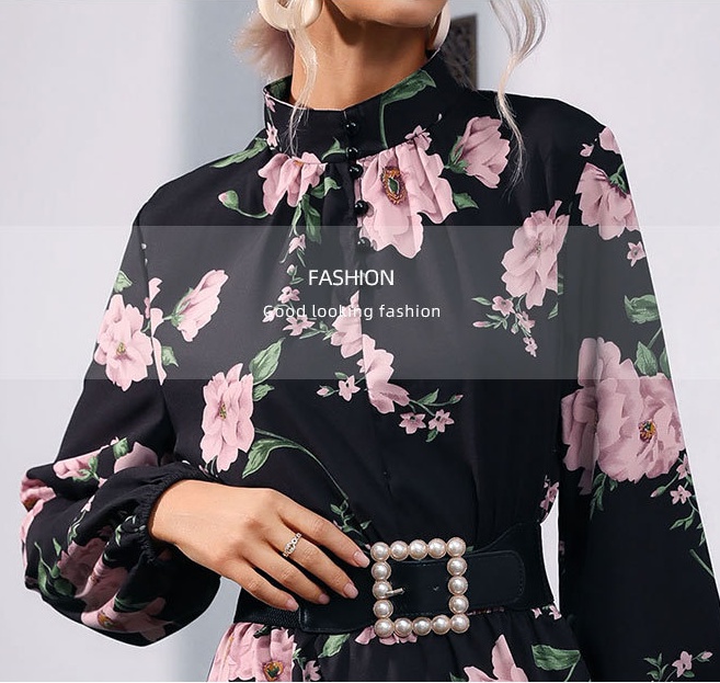 Autumn printing half high collar dress for women