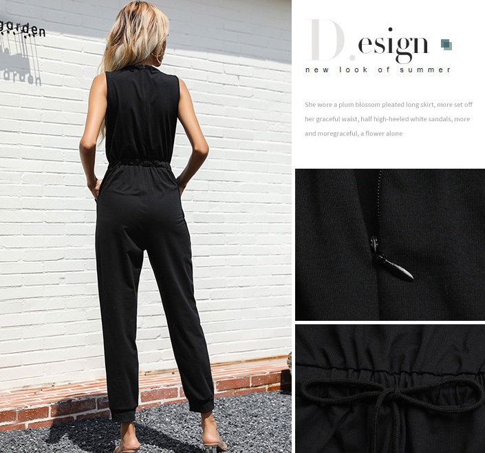 Spring and summer pure European style black jumpsuit
