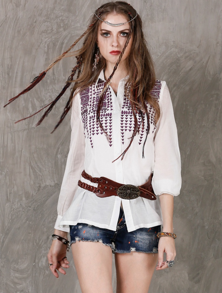 Embroidery loose shirt white long sleeve tops