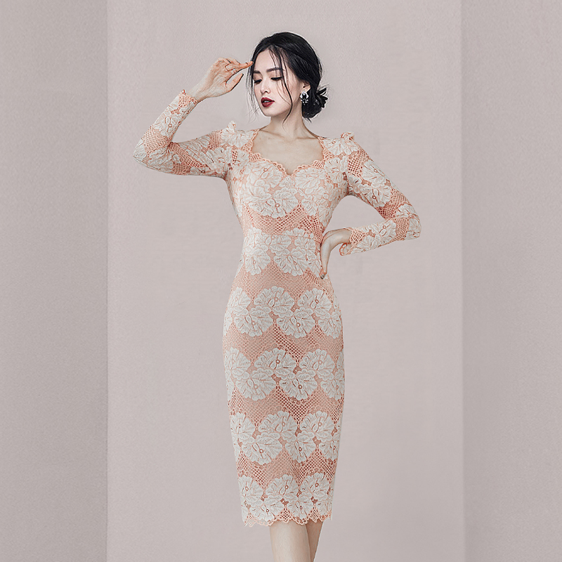 Lace wrapped chest long sleeve slim personality dress