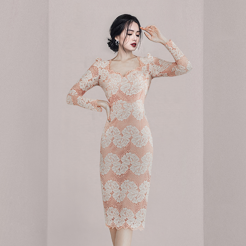 Lace wrapped chest long sleeve slim personality dress