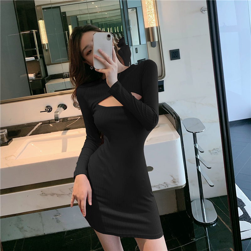 Sexy chest hollow slim nightclub package hip bottoming dress