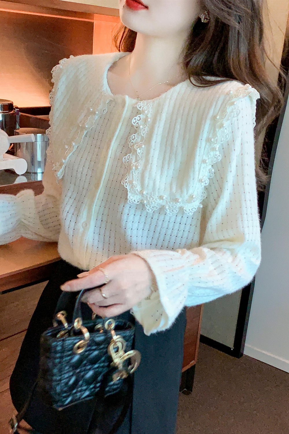 Lace long sleeve tops spring beading shirts for women