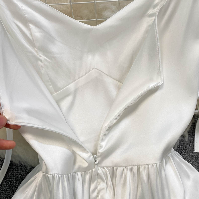 Slim big skirt long dress white V-neck strap dress