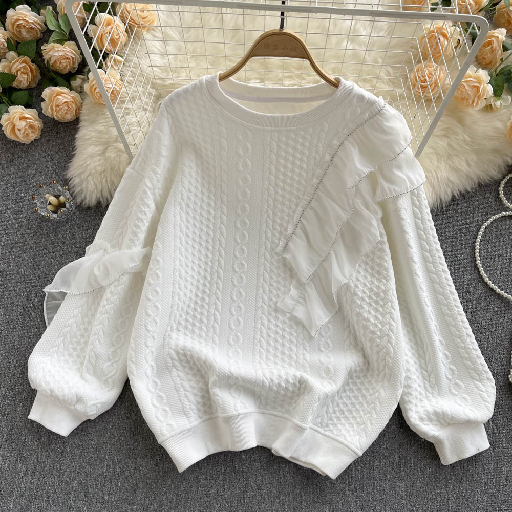 Loose jacquard stereoscopic white hoodie for women