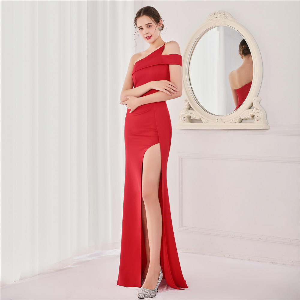 Long sleeve long red dress slim model formal dress