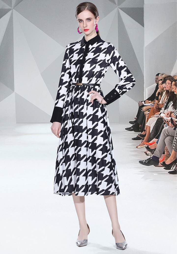 Autumn printing houndstooth long dress