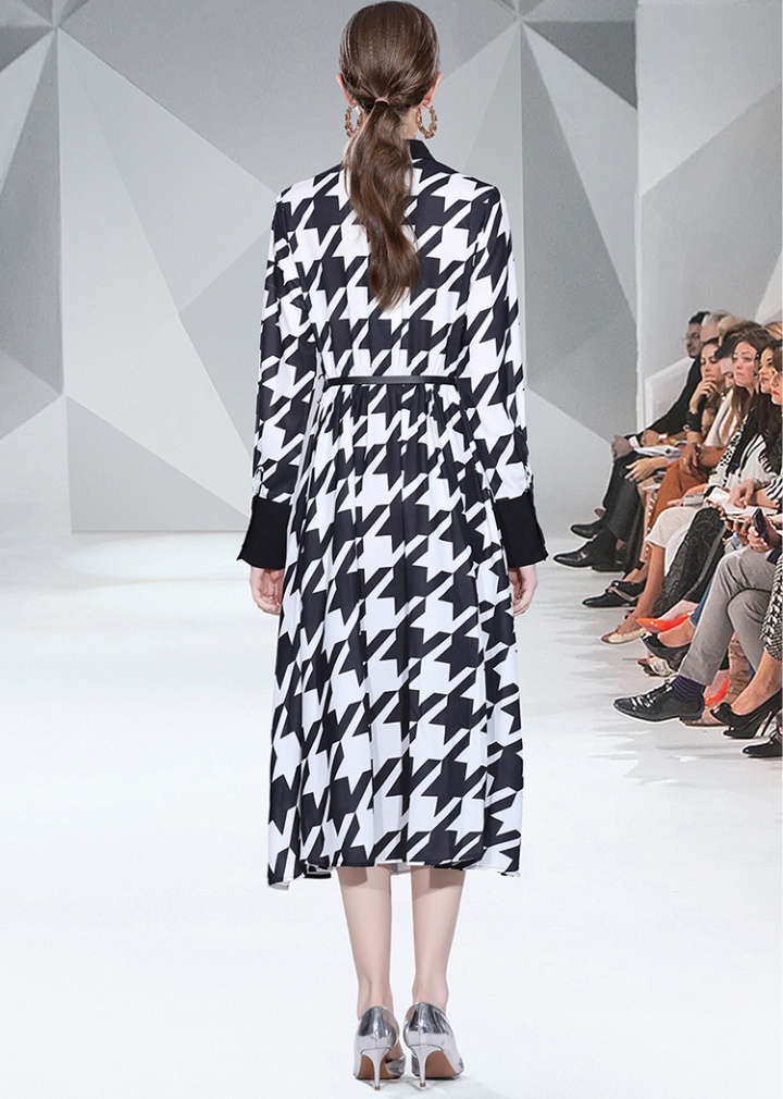 Autumn printing houndstooth long dress