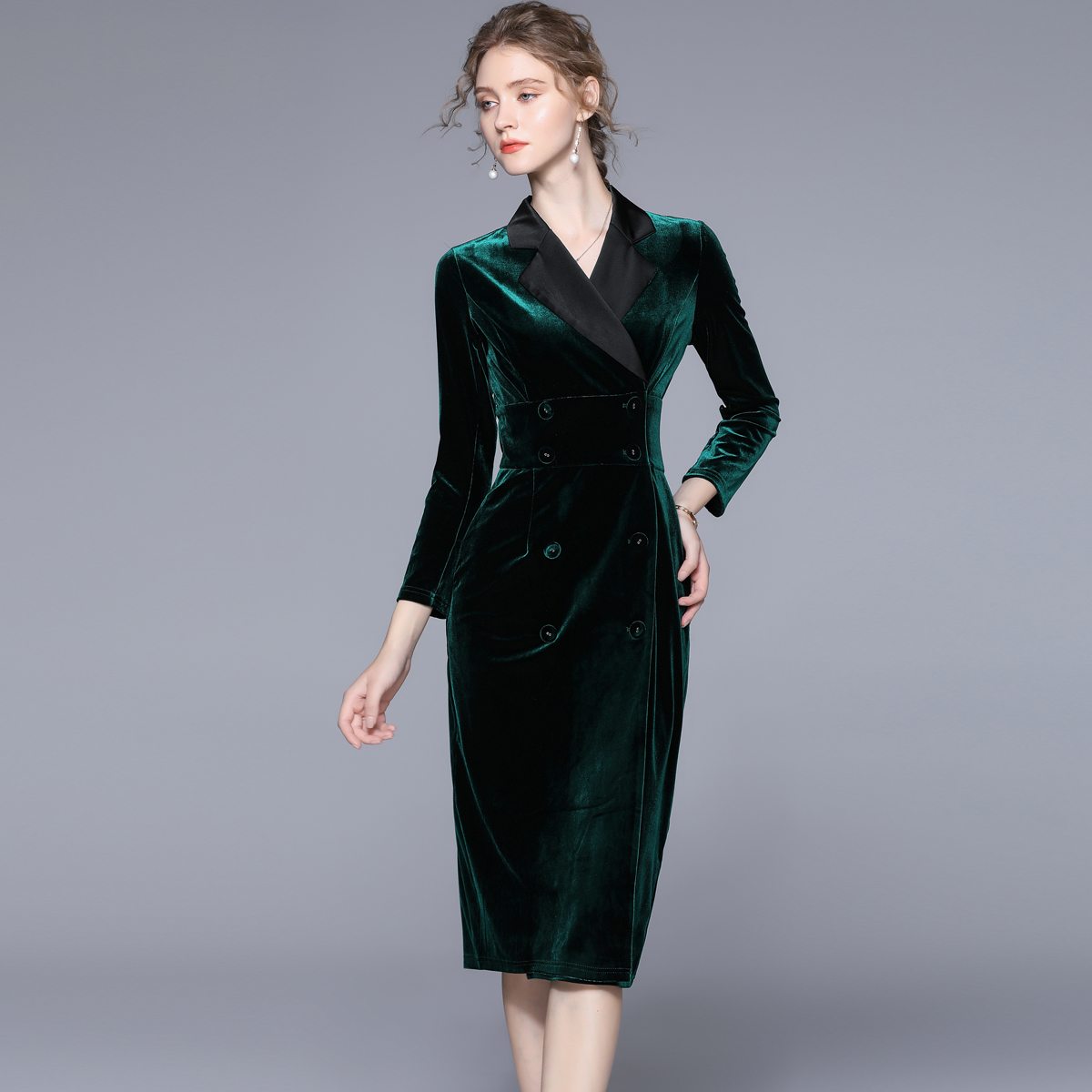 Exceed knee slim green coat velvet pinched waist dress
