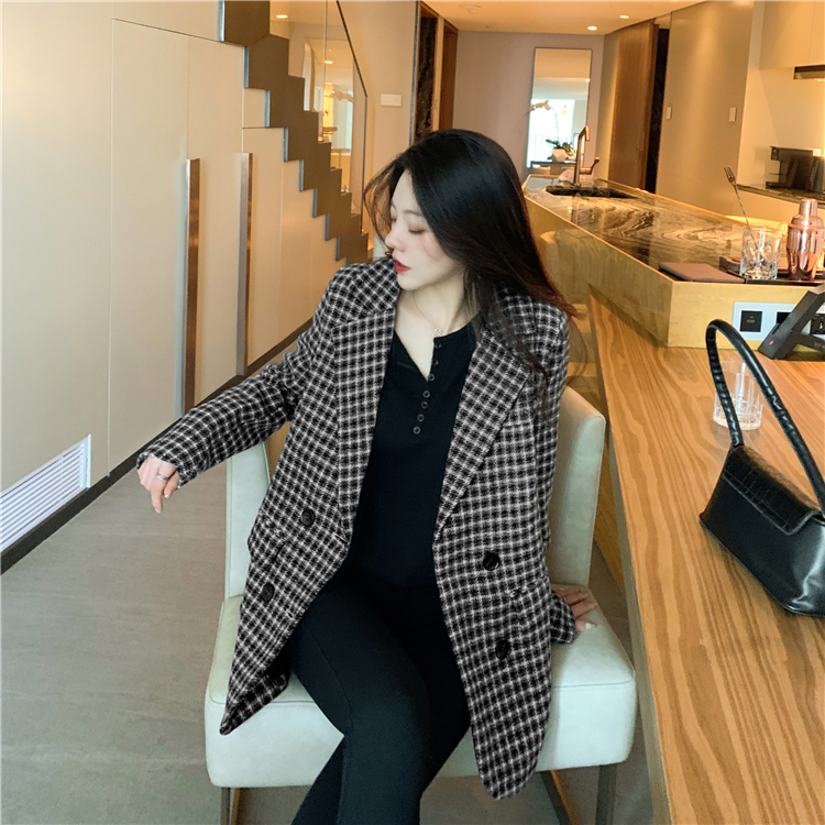 Korean style plaid woolen coat long business suit for women