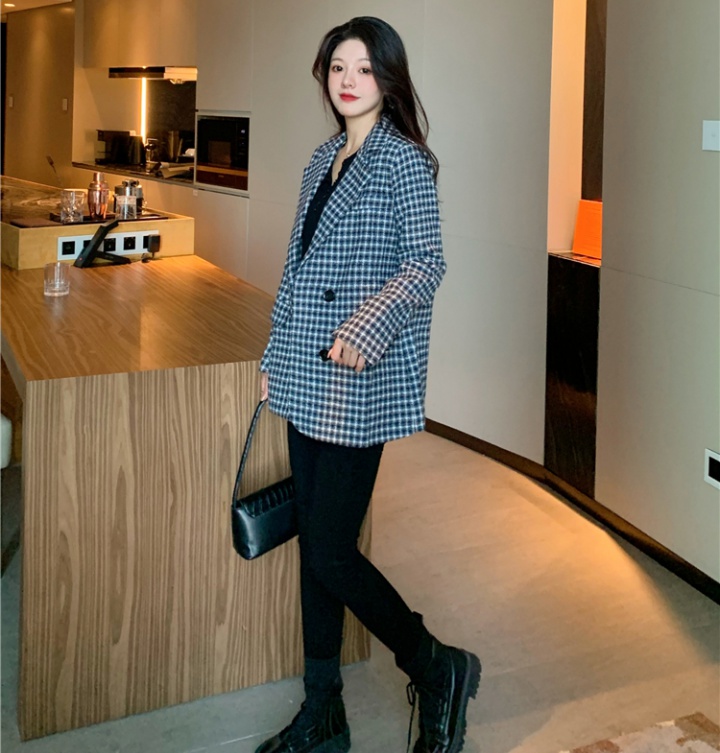 Korean style plaid woolen coat long business suit for women
