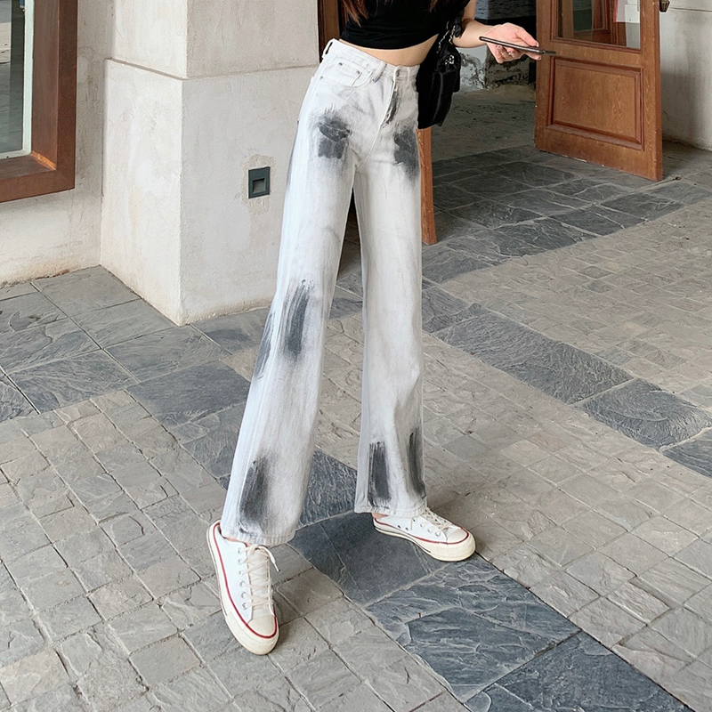 Autumn tie dye retro jeans high waist loose mopping pants