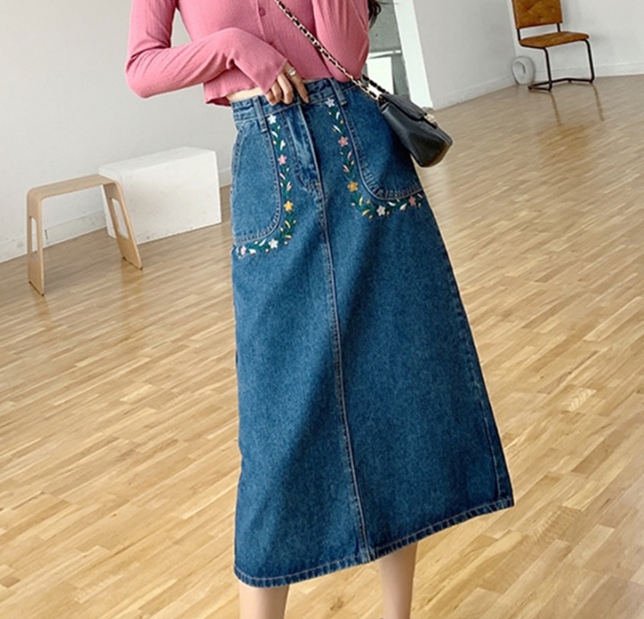 High waist denim pocket large yard embroidered slim long fat skirt