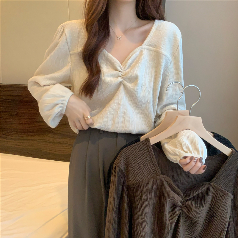 Fold long sleeve shirt velvet V-neck tops for women