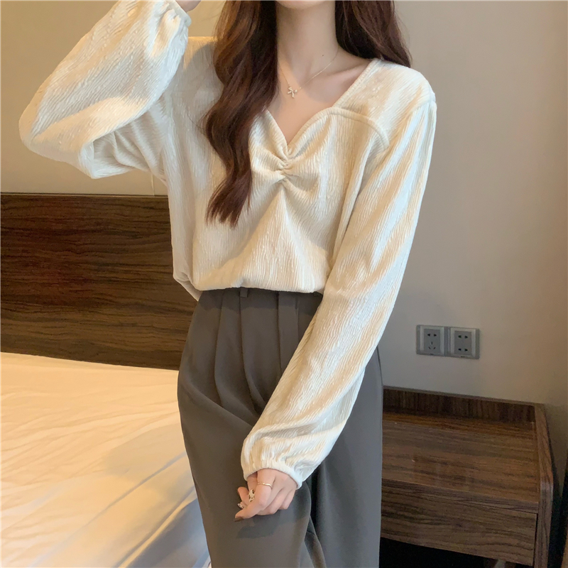 Fold long sleeve shirt velvet V-neck tops for women
