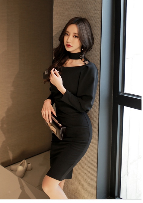 Bottoming sexy Korean style slim black temperament dress
