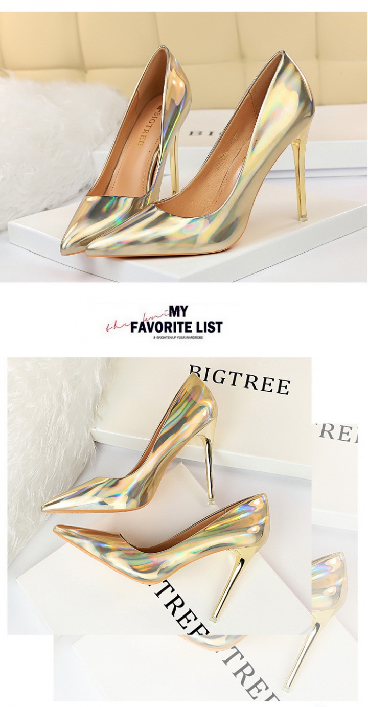Low high-heeled glossy metal slim pointed shoes